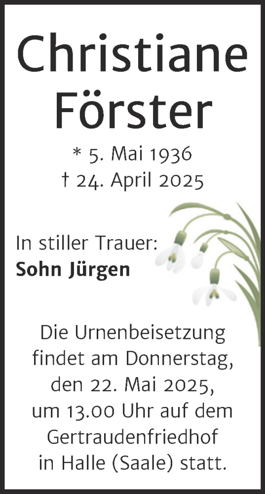 Traueranzeige von Christiane Förster von Mitteldeutsche Zeitung Halle/Saalkreis