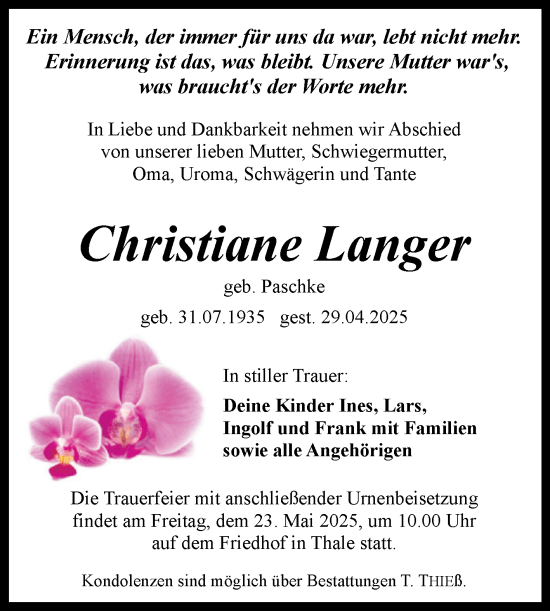 Traueranzeige von Christiane Langer von Trauerkombi Quedlinburg