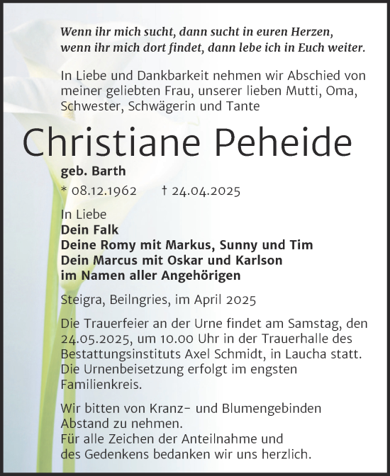 Traueranzeige von Christiane Peheide von Super Sonntag Naumburg/Nebra
