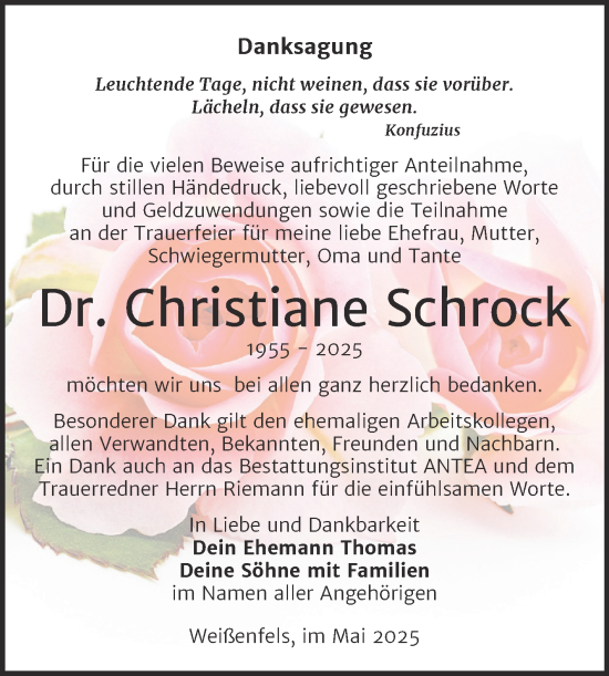 Traueranzeige von Christiane Schrock von Trauerkombi Weißenfels