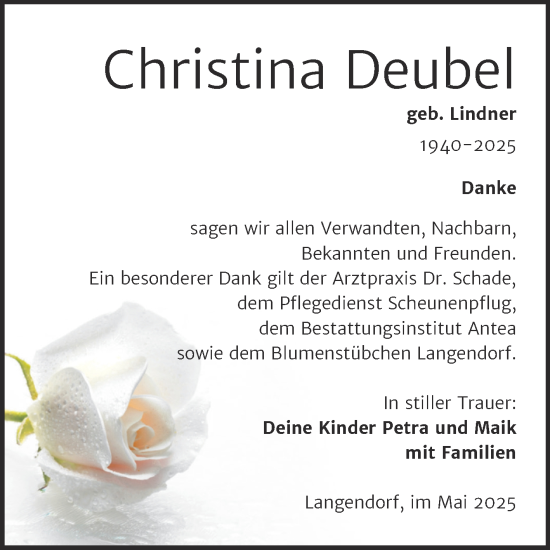 Traueranzeige von Christina Deubel von Trauerkombi Weißenfels
