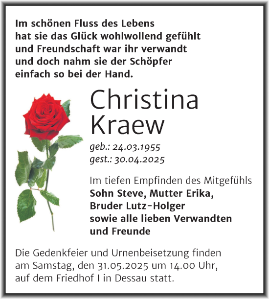 Traueranzeige von Christina Kraew von Trauerkombi Dessau