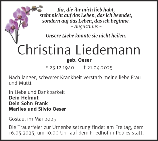 Traueranzeige von Christina Liedemann von Trauerkombi Weißenfels