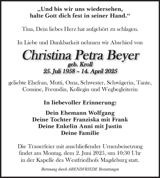 Traueranzeige von Christina Petra Beyer von Volksstimme Magdeburg