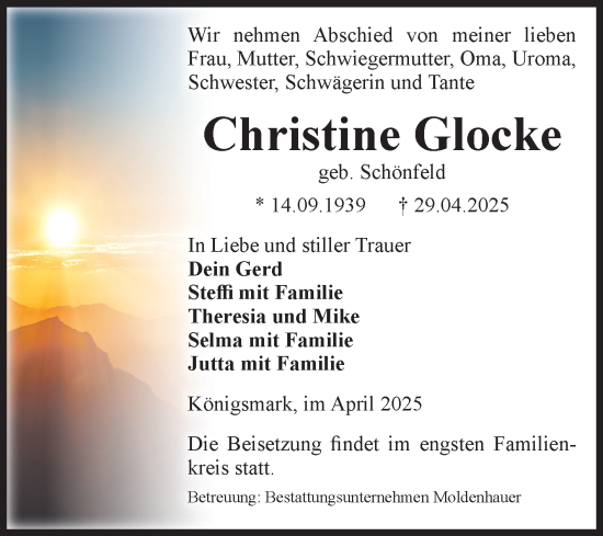 Traueranzeige von Christine Glocke von Volksstimme Altmark Ost