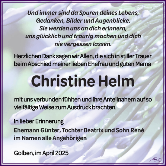 Traueranzeige von Christine Helm von Trauerkombi Zeitz