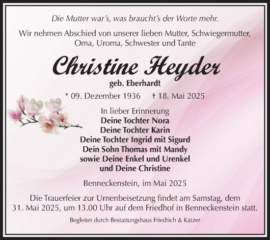 Traueranzeige von Christine Heyder von Volksstimme Wernigerode
