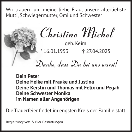 Traueranzeige von Christine Michel von Volksstimme Wernigerode