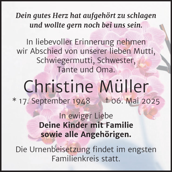 Traueranzeige von Christine Müller von Trauerkombi Merseburg