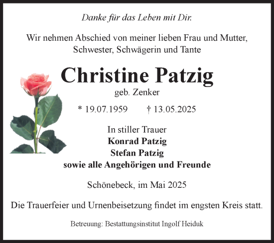 Traueranzeige von Christine Patzig von Volksstimme Schönebeck