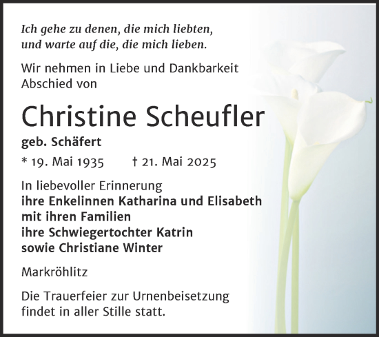 Traueranzeige von Christine Scheufler von Trauerkombi Weißenfels