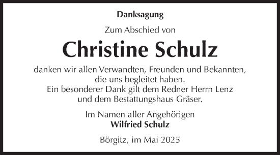 Traueranzeige von Christine Schulz von Volksstimme Altmark Ost