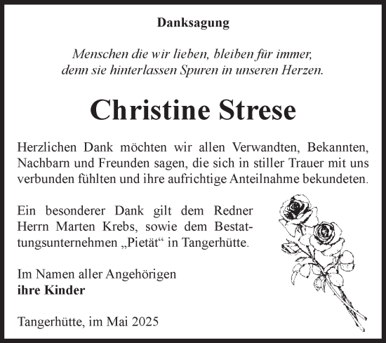 Traueranzeige von Christine Strese von Volksstimme Altmark Ost