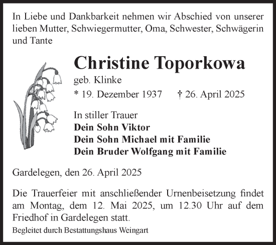 Traueranzeige von Christine Toporkowa von Volksstimme Altmark West