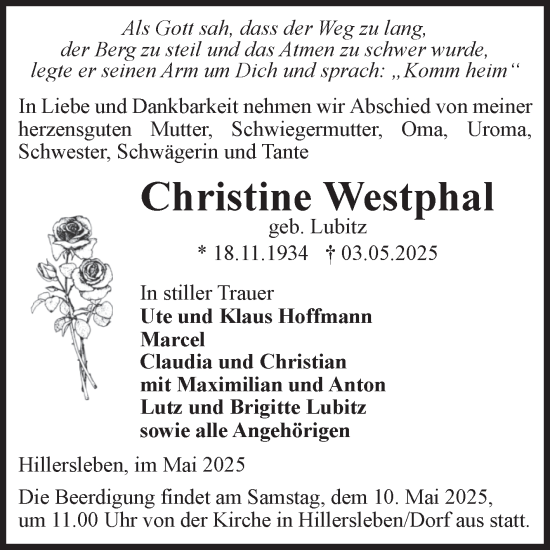 Traueranzeige von Christine Westphal von Volksstimme Haldensleben/Wolmirstedt