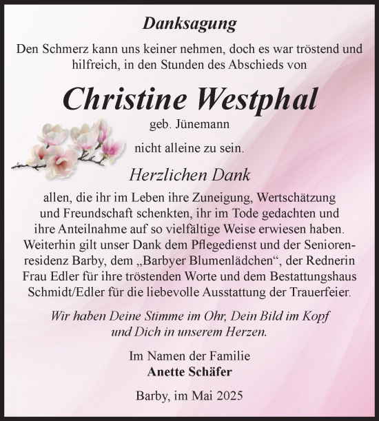 Traueranzeige von Christine Westphal von Volksstimme Schönebeck