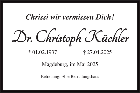 Traueranzeige von Christoph Küchler von Volksstimme Magdeburg