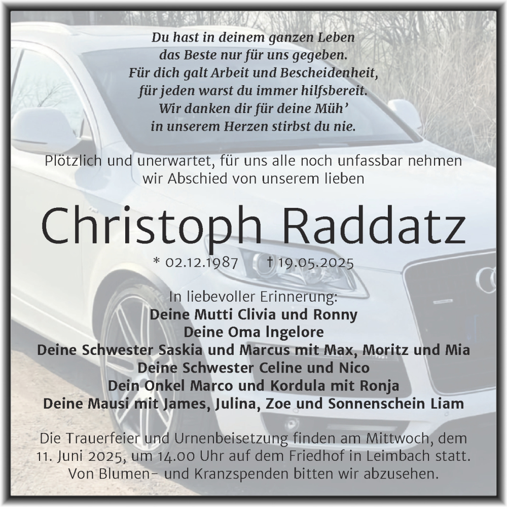  Traueranzeige für Christoph Raddatz vom 30.05.2025 aus Trauerkombi Mansfelder Land