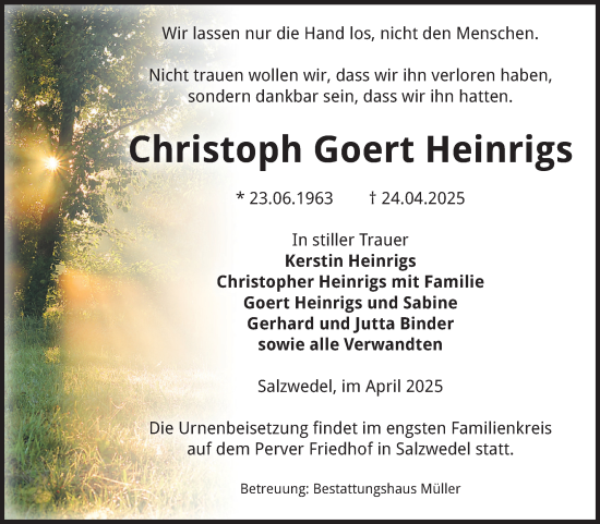 Traueranzeige von Christoph Goert Heinrigs von Volksstimme Altmark West