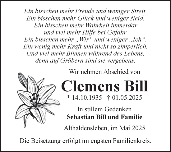 Traueranzeige von Clemens Bill von Volksstimme Haldensleben/Wolmirstedt