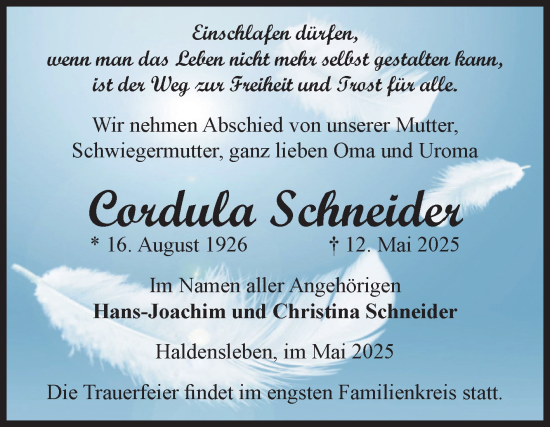 Traueranzeige von Cordula Schneider von Volksstimme Haldensleben/Wolmirstedt