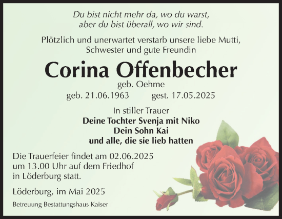 Traueranzeige von Corina Offenbecher von Volksstimme Staßfurt