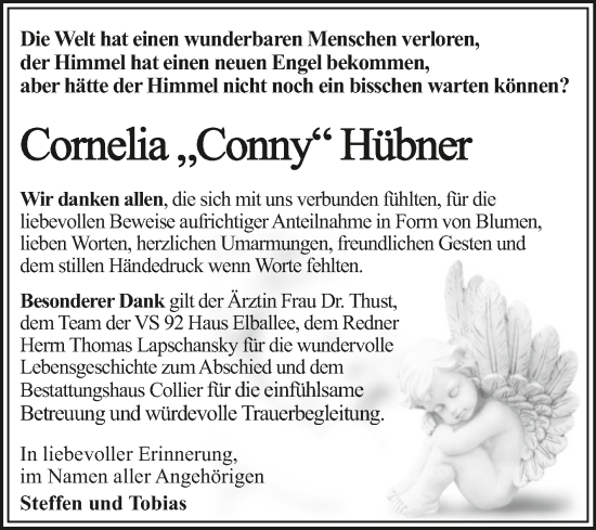 Traueranzeige von Cornelia Hübner von Trauerkombi Dessau