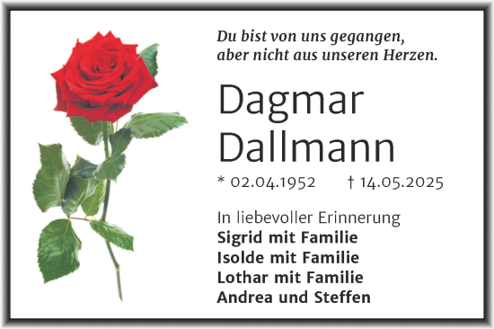 Traueranzeige von Dagmar Dallmann von Trauerkombi Weißenfels