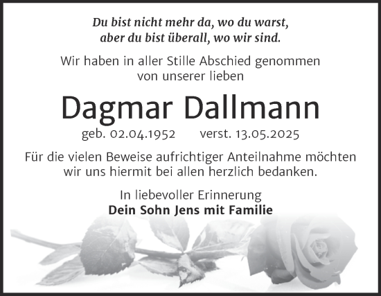 Traueranzeige von Dagmar Dallmann von Trauerkombi Weißenfels