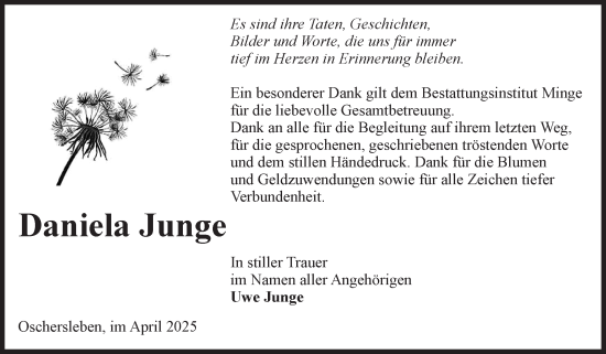 Traueranzeige von Daniela Junge von Volksstimme Oschersleben/Wanzleben