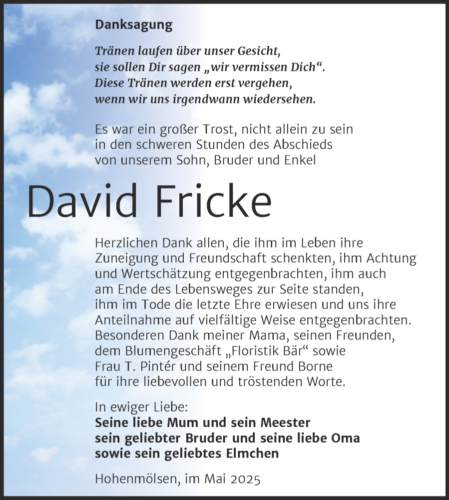  Traueranzeige für David Fricke vom 17.05.2025 aus Trauerkombi Weißenfels