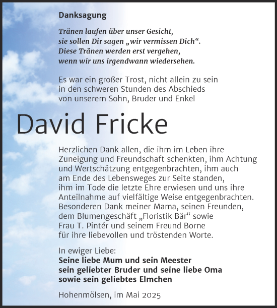 Traueranzeige von David Fricke von Trauerkombi Weißenfels