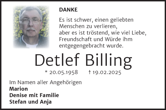 Traueranzeige von Detlef Billing von Trauerkombi Dessau