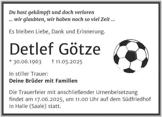 Traueranzeige von Detlef Götze von Mitteldeutsche Zeitung Halle/Saalkreis