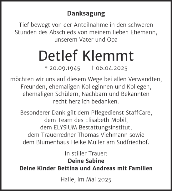 Traueranzeige von Detlef Klemmt von Mitteldeutsche Zeitung Halle/Saalkreis