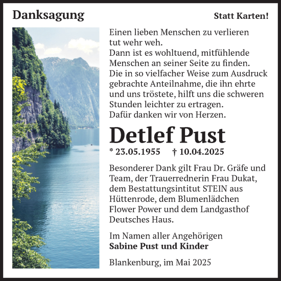 Traueranzeige von Detlef Pust von Volksstimme Wernigerode