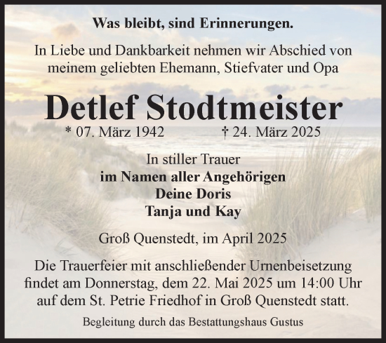 Traueranzeige von Detlef Stodtmeister von Volksstimme Halberstadt