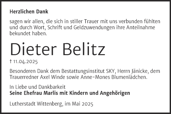Traueranzeige von Dieter Belitz von Trauerkombi Wittenberg
