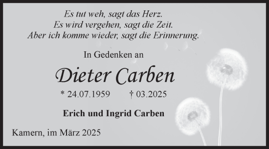 Traueranzeige von Dieter Carben von Volksstimme Altmark Ost