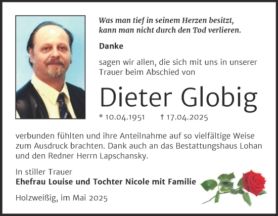 Traueranzeige von Dieter Globig von Trauerkombi Bitterfeld