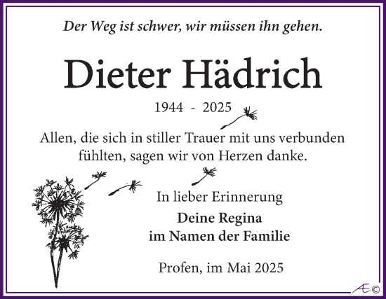 Traueranzeige von Dieter Hädrich von Trauerkombi Zeitz