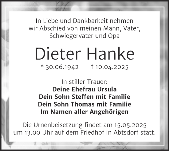 Traueranzeige von Dieter Hanke von Trauerkombi Wittenberg