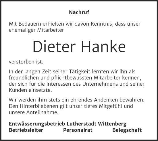 Traueranzeige von Dieter Hanke von Super Sonntag Wittenberg