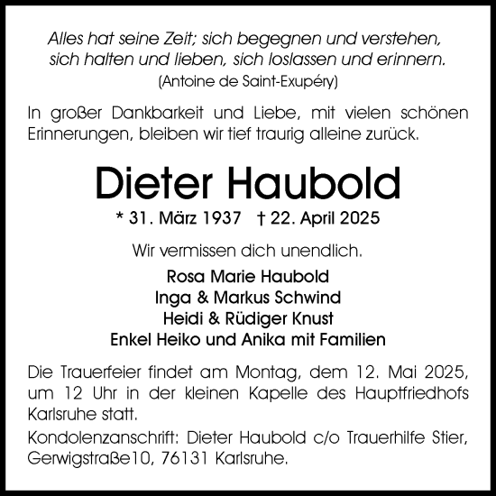 Traueranzeige von Dieter Haubold von Volksstimme Halberstadt