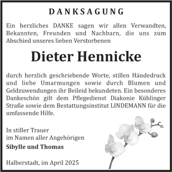 Traueranzeige von Dieter Hennicke von Volksstimme Halberstadt