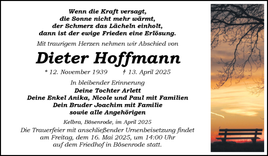 Traueranzeige von Dieter Hoffmann von Trauerkombi Sangerhausen