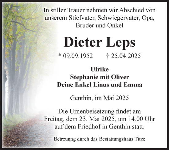 Traueranzeige von Dieter Leps von Volksstimme Burg/Genthin