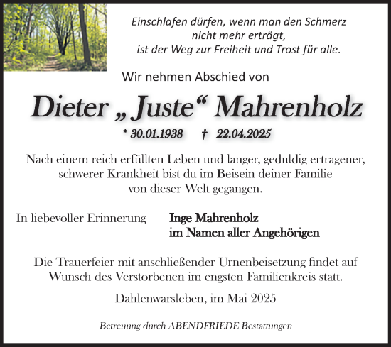 Traueranzeige von Dieter Mahrenholz von Volksstimme Haldensleben/Wolmirstedt