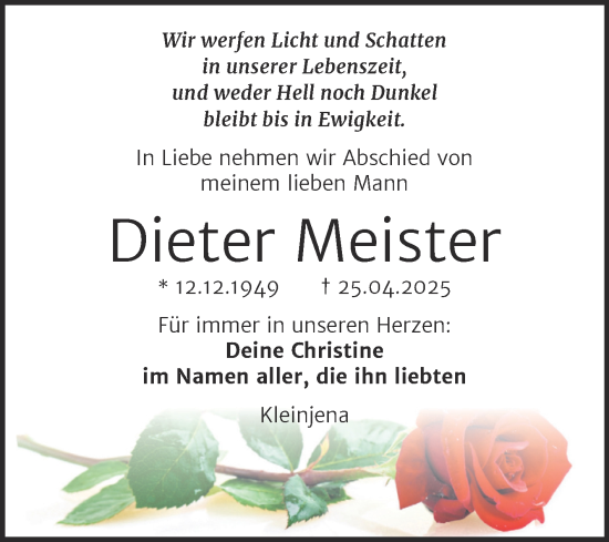 Traueranzeige von Dieter Meister von Super Sonntag Naumburg/Nebra