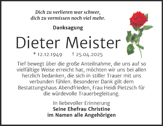 Traueranzeige von Dieter Meister von Super Sonntag Naumburg/Nebra